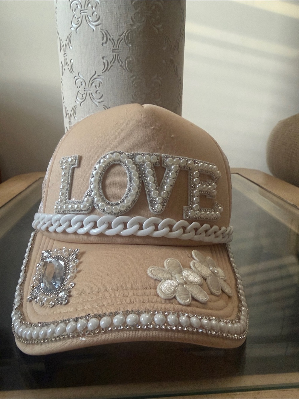 Beige 'LOVE' Embellished Women's Baseball Cap